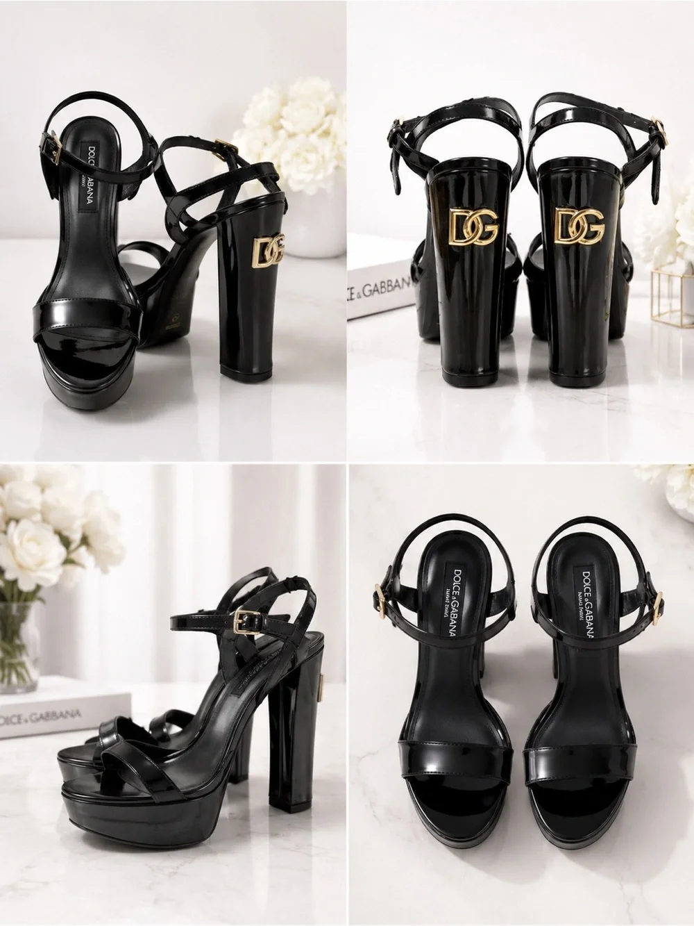 Dolce & Gabbana Black Patent Platform Heeled Sandals with Gold DG Accent